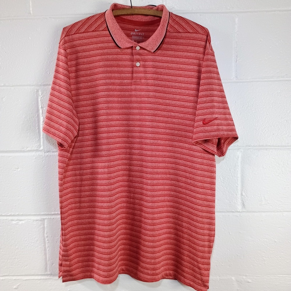 Nike Dri-Fit‎ Polo Golf Shirt Men's XL Red Striped Athletic Performance Standard